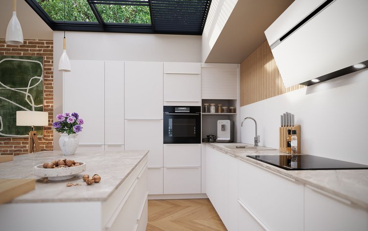 Cuisine contemporaine blanche et lumineuse avec verrière de toit