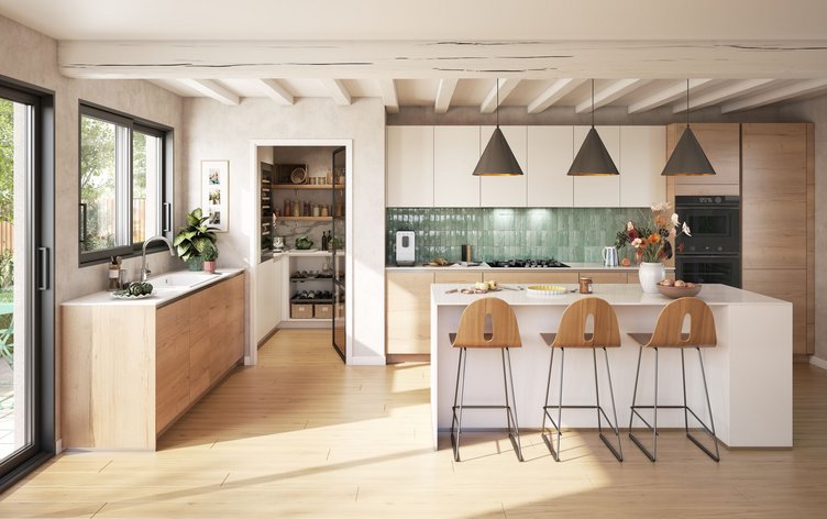 Cuisine moderne et lumineuse avec un îlot central 