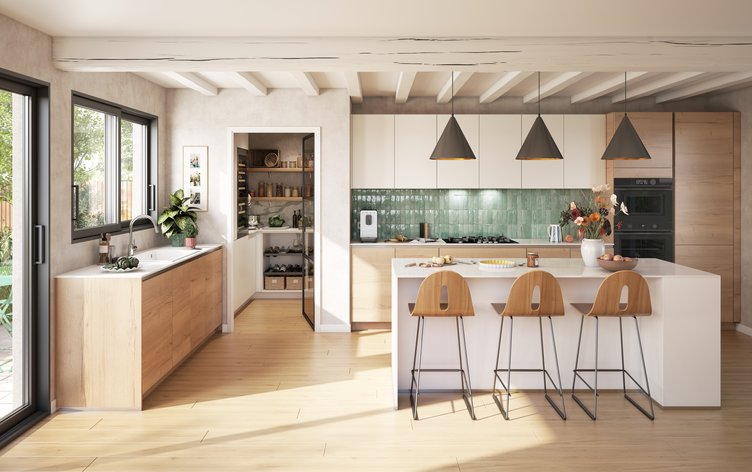 Cuisine moderne et lumineuse avec un îlot central 