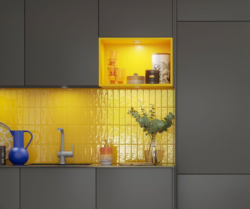 Cuisine Smart Glass rangements façades jaune gris